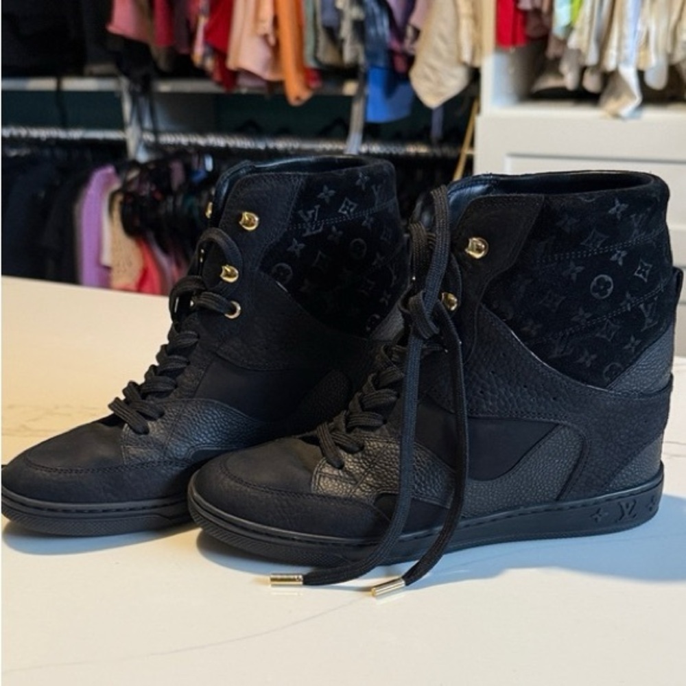 Louis Vuitton Black Suede Monogram High-Top Sneakers